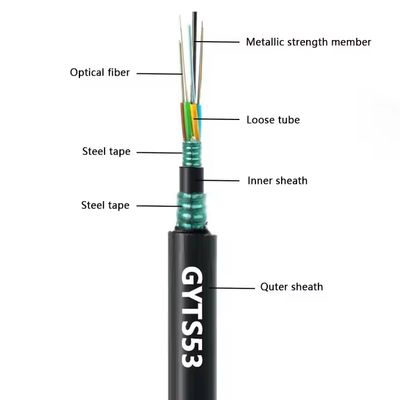 کابل فیبر نوری GYTS53-96 هسته ای با زره دوگانه کارخانه ای در فضای باز با روکش دوگانه G652D، حمل در همان روز